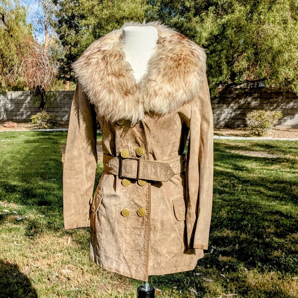 Vintage 1970's Petite Sz6 Suede Fur Collar Retro Double Breasted Trench Coat EUC